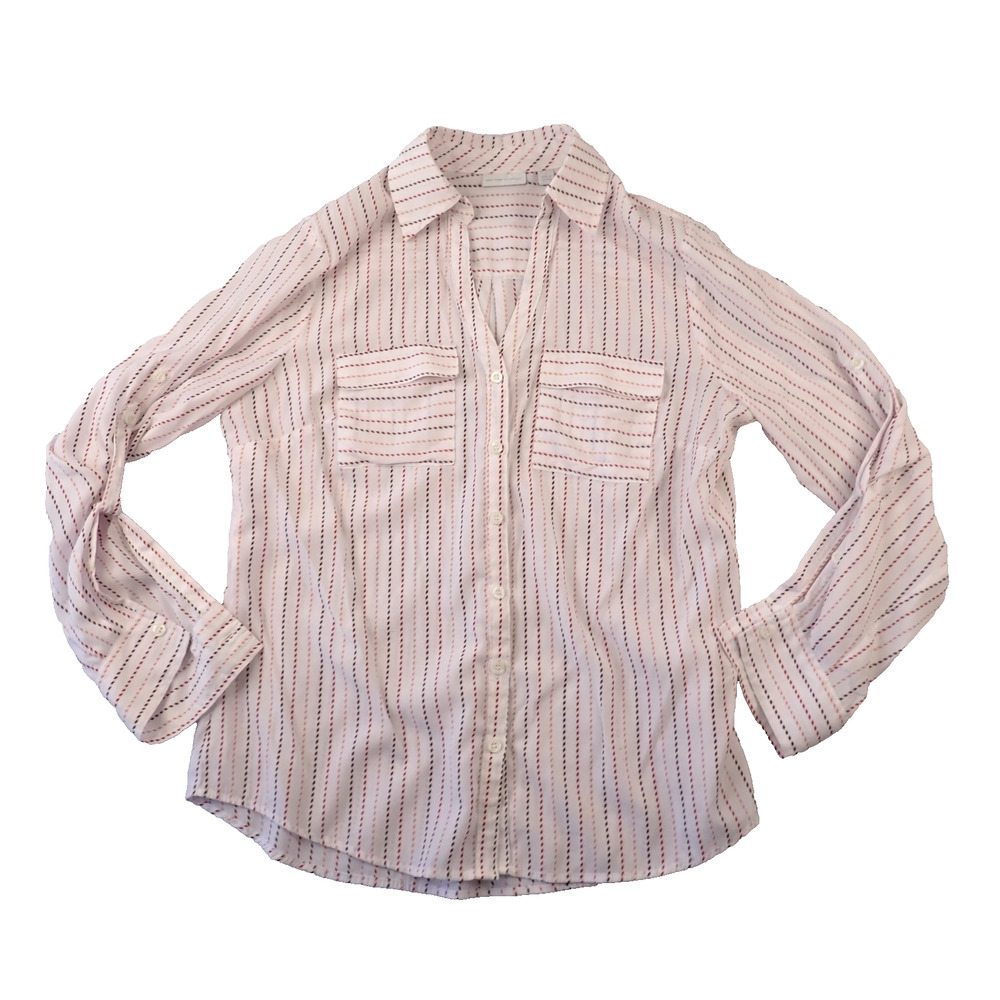 New York & Company Blouse Womens Sz L Semi Sheer Button Tab Long Sleeve